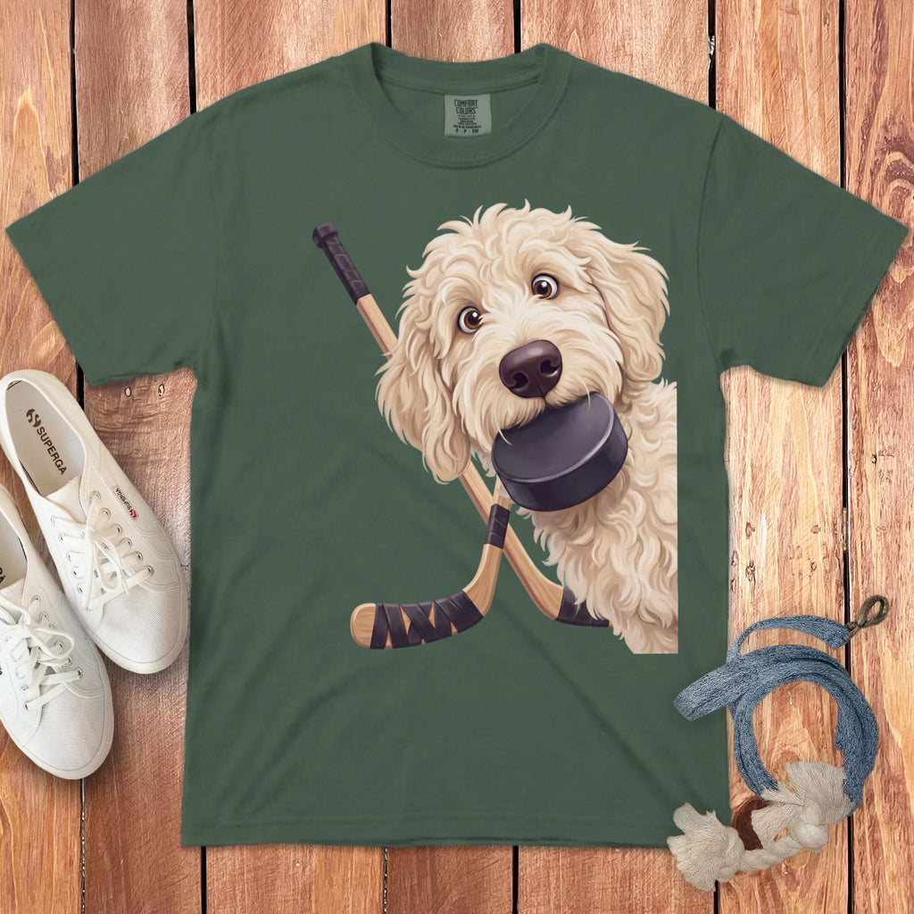Cream Goldendoodle Hockey Signature T-Shirt in Blue Spruce / S by Puppy Jo