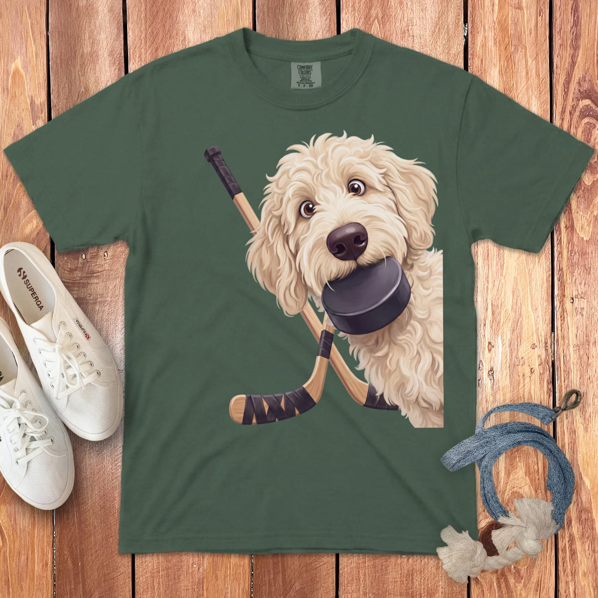 Cream Goldendoodle Hockey Signature T-Shirt in Blue Spruce / S by Puppy Jo