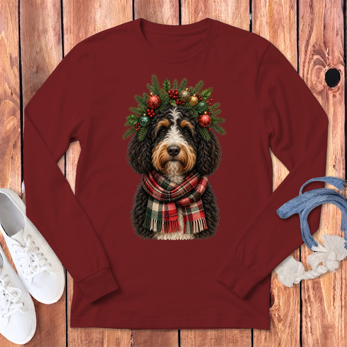 Bernedoodle Holiday Crown Long Sleeve T-Shirt in Cardinal / S by MyDesigns
