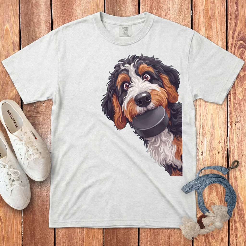 Bernedoodle Hockey Puck Signature T-Shirt in White / S by Puppy Jo