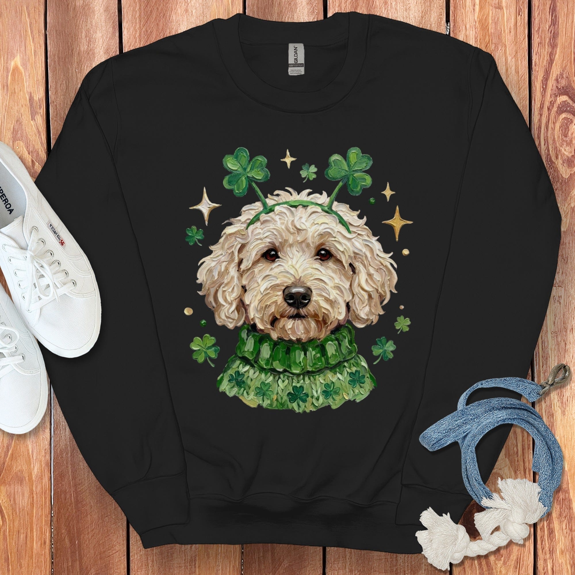 St. Patrick's Day Dog with Shamrocks Black Sweatshirt