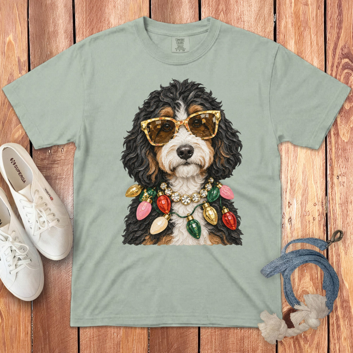 T-shirt with a dog wearing sunglasses and a string of Christmas lights.