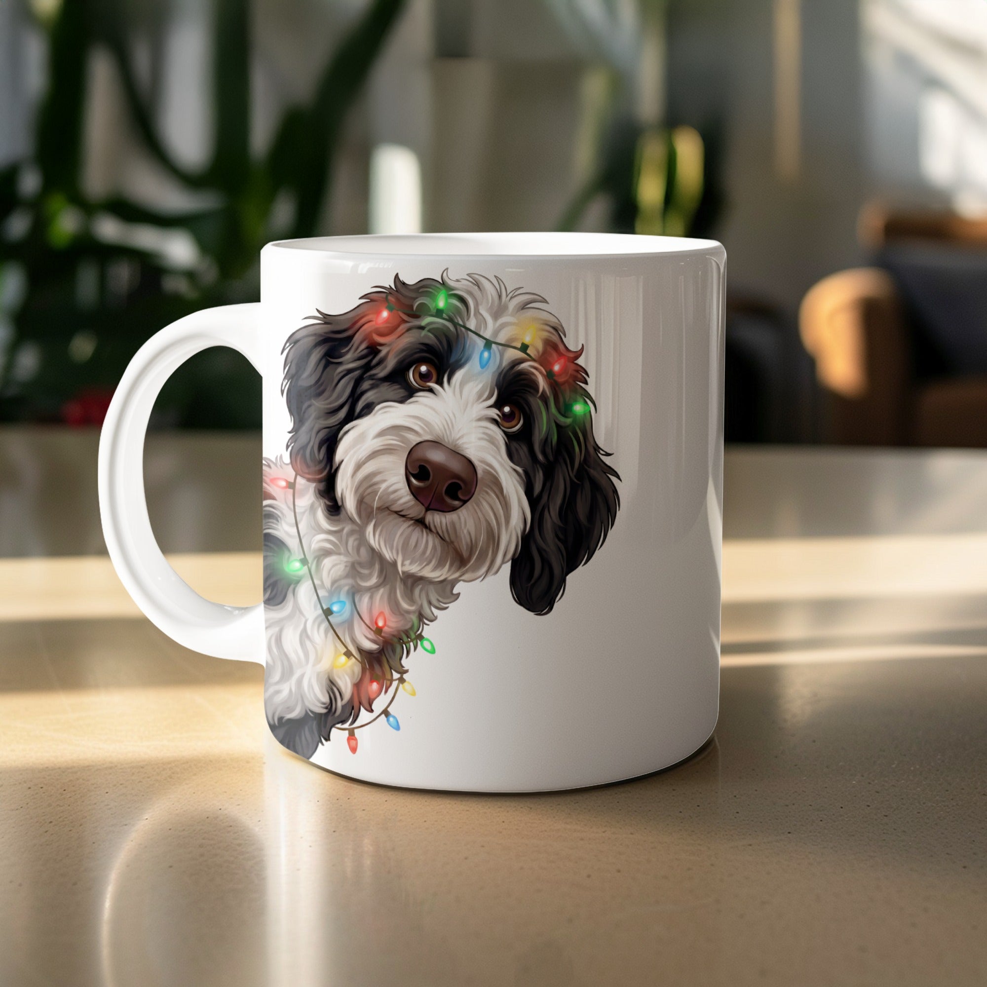 Mug with a black and white fluffy dog wearing colorful Christmas lights.