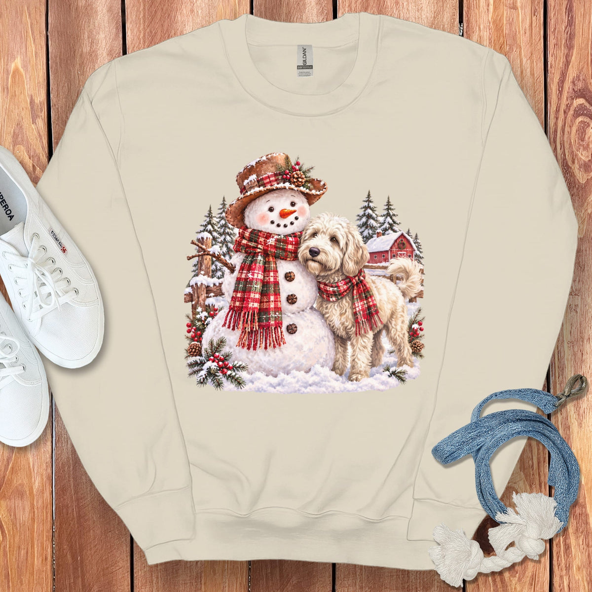 Maltipoo Christmas Snowman Sweatshirt in Sand / S by Puppy Jo