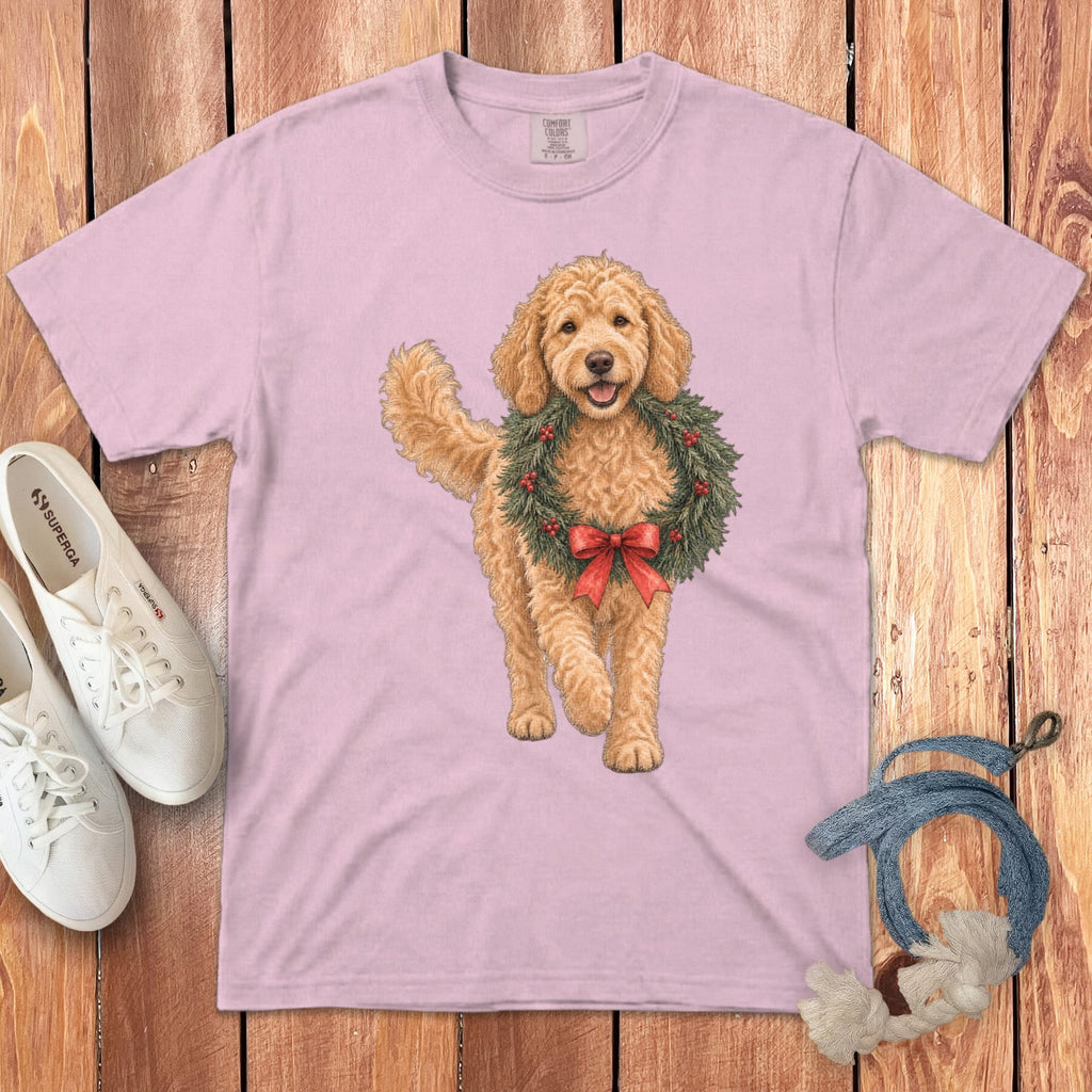 Apricot Goldendoodle Wreath Signature T-Shirt in Blossom / S by Puppy Jo