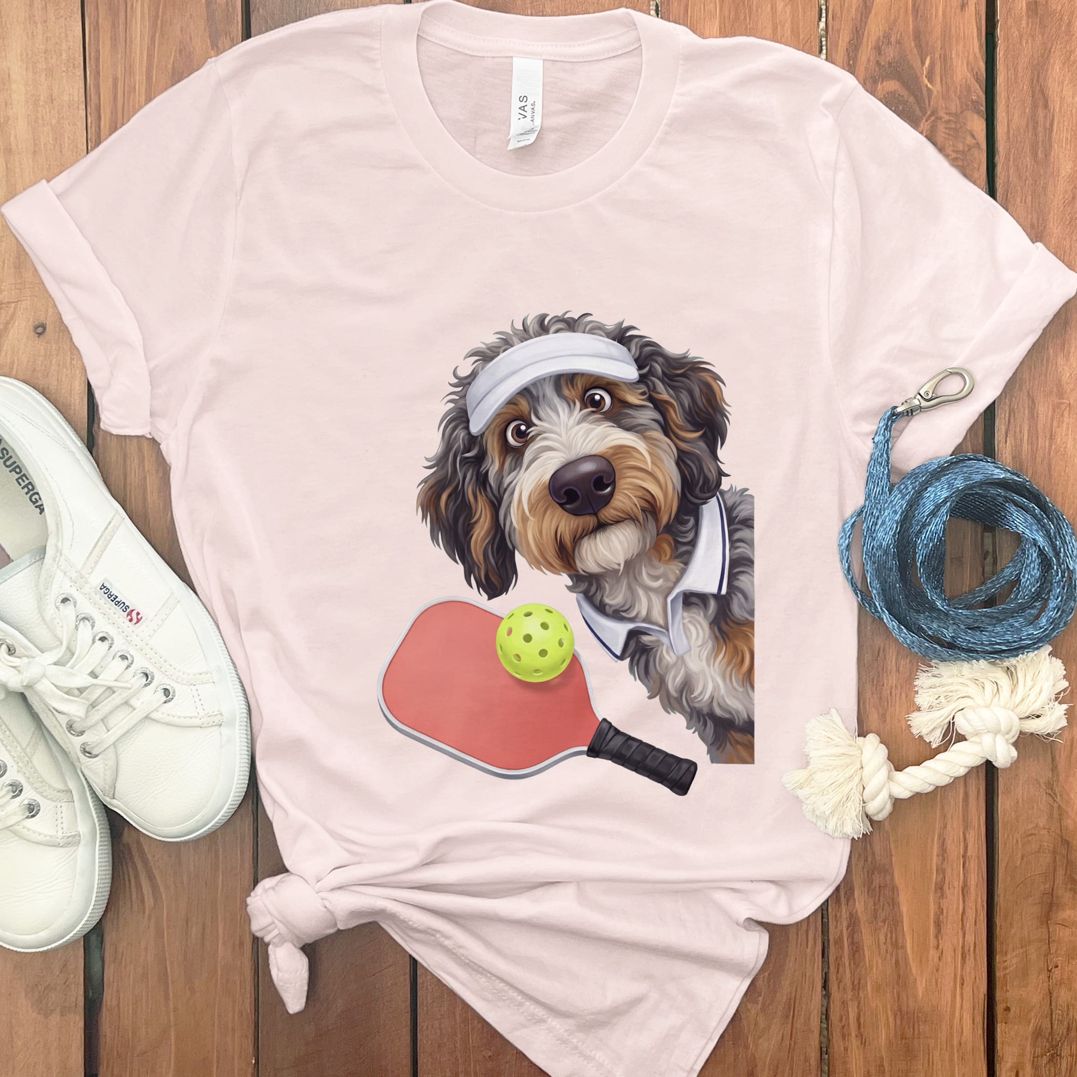 Aussiedoodle Pickleball Player T-Shirt in Soft Pink / S by Puppy Jo