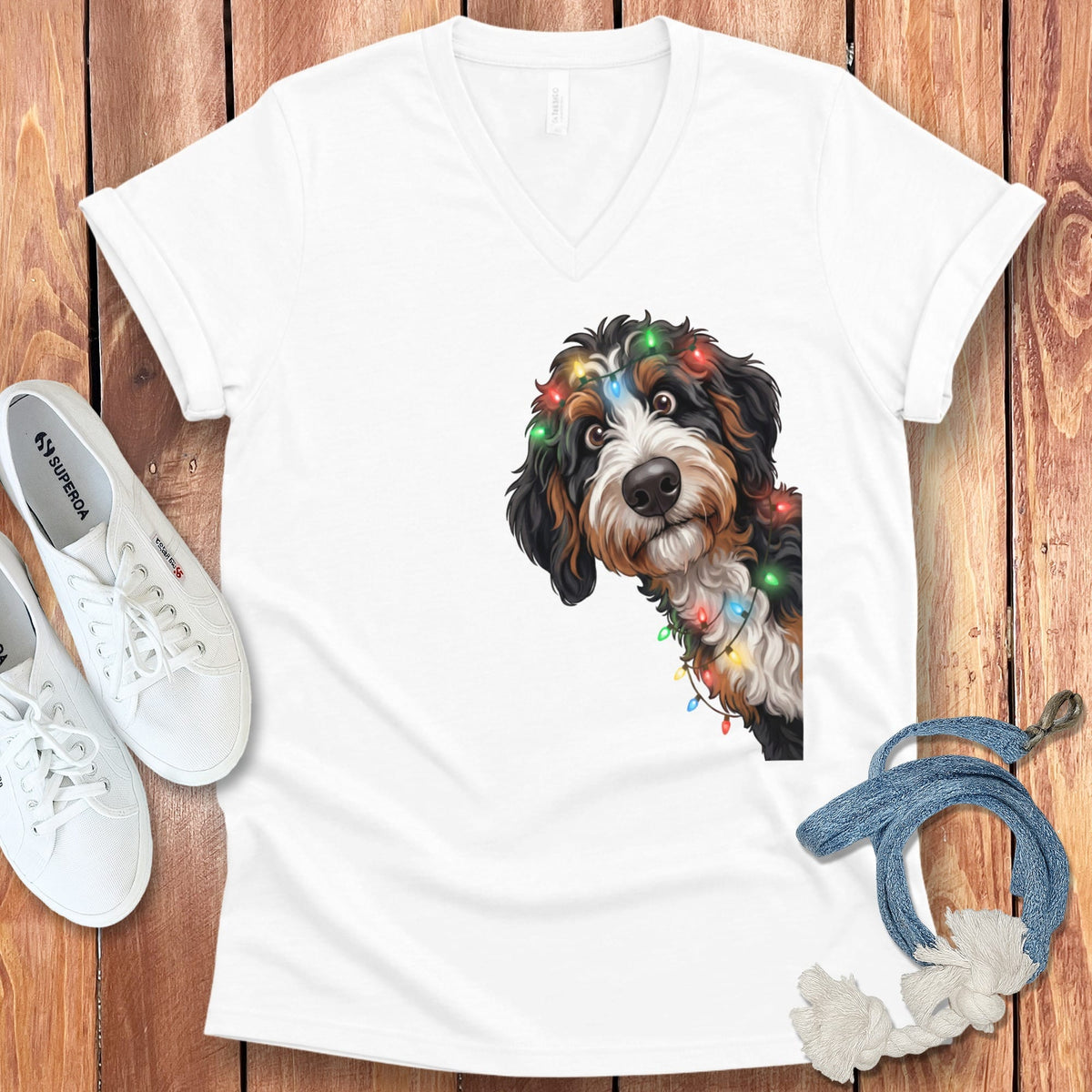 Peeking Bernedoodle Holiday V-Neck T-Shirt in White / S by Puppy Jo