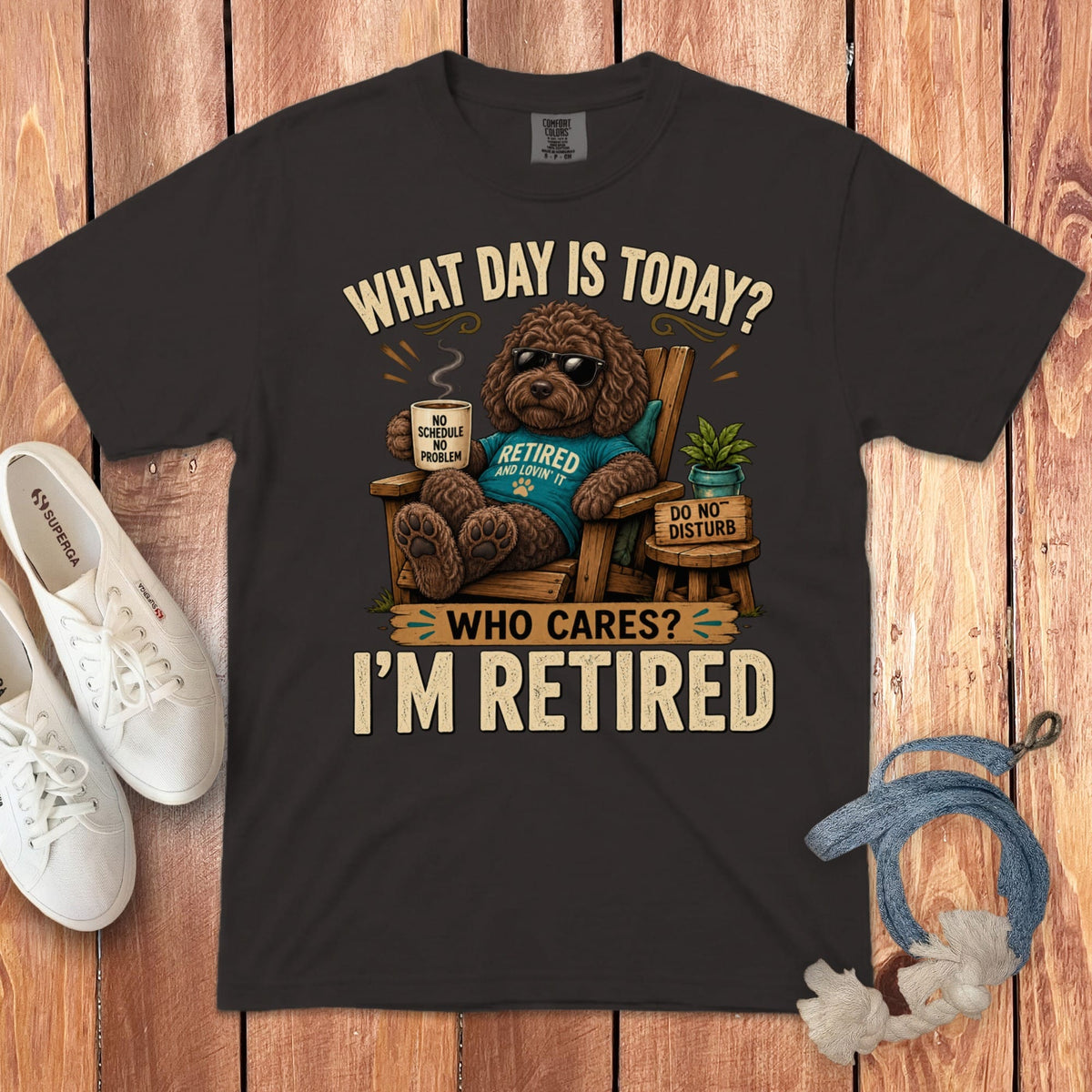 I'm Retired Chocolate Goldendoodle Signature T-Shirt in Graphite / S by Puppy Jo