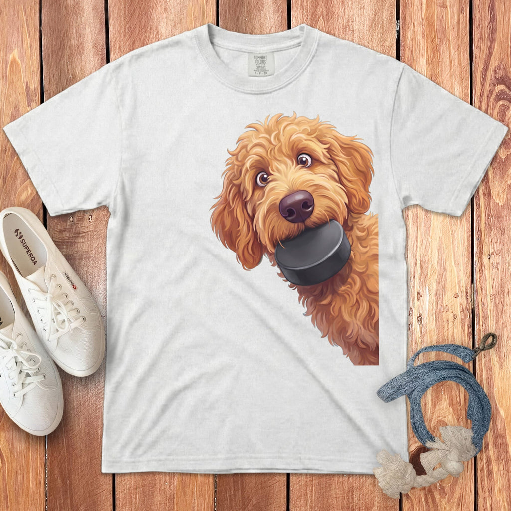 Apricot Goldendoodle Hockey Puck Signature T-Shirt in White / S by Puppy Jo