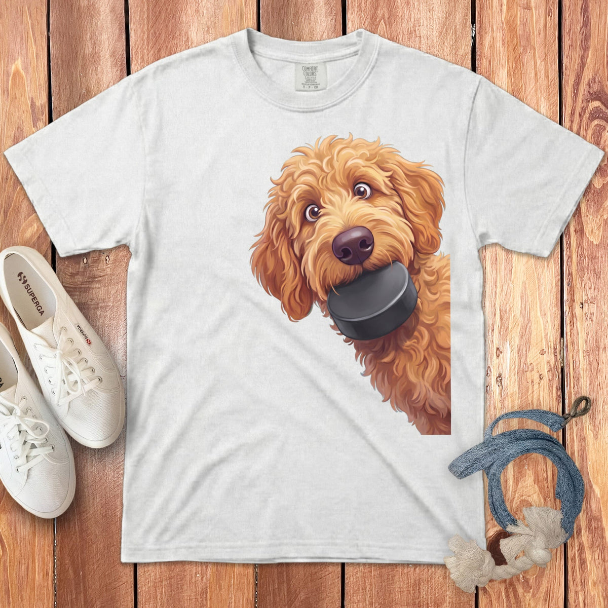 Apricot Goldendoodle Hockey Puck Signature T-Shirt in White / S by Puppy Jo