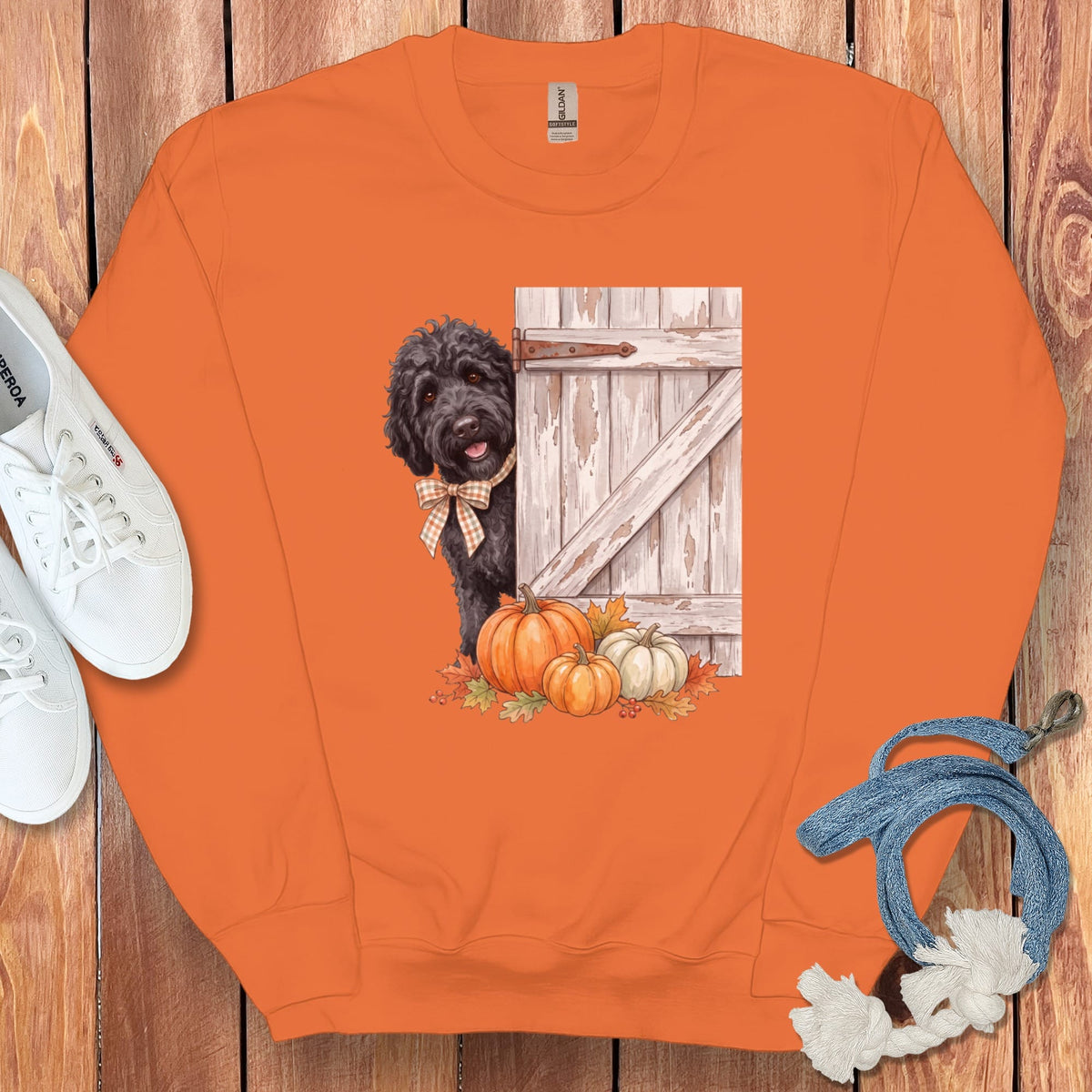 Black Goldendoodle Barn Peeking Sweatshirt in Orange / S by Puppy Jo
