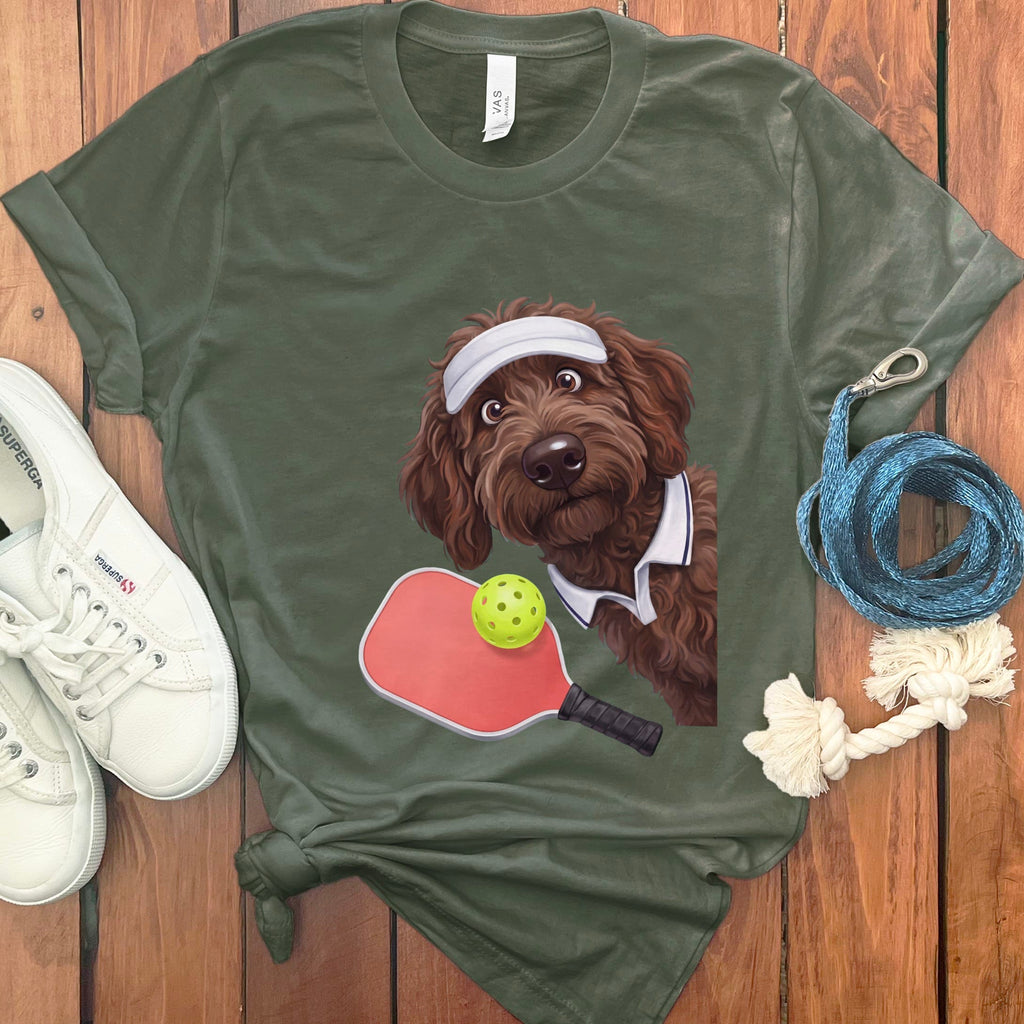 Chocolate Goldendoodle Pickleball Player T-Shirt in Military Green / S by Puppy Jo