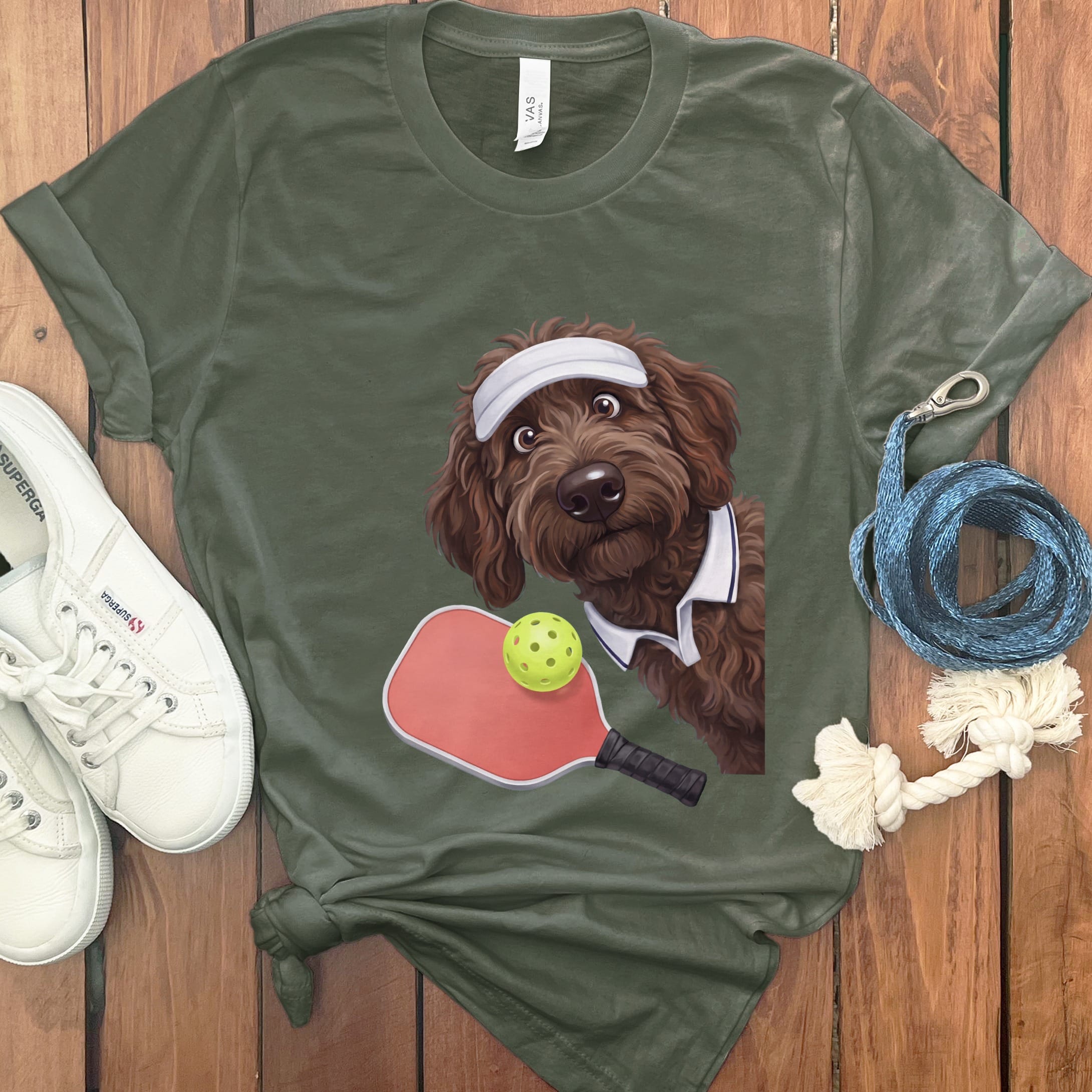 Chocolate Goldendoodle Pickleball Player T-Shirt in Military Green / S by Puppy Jo
