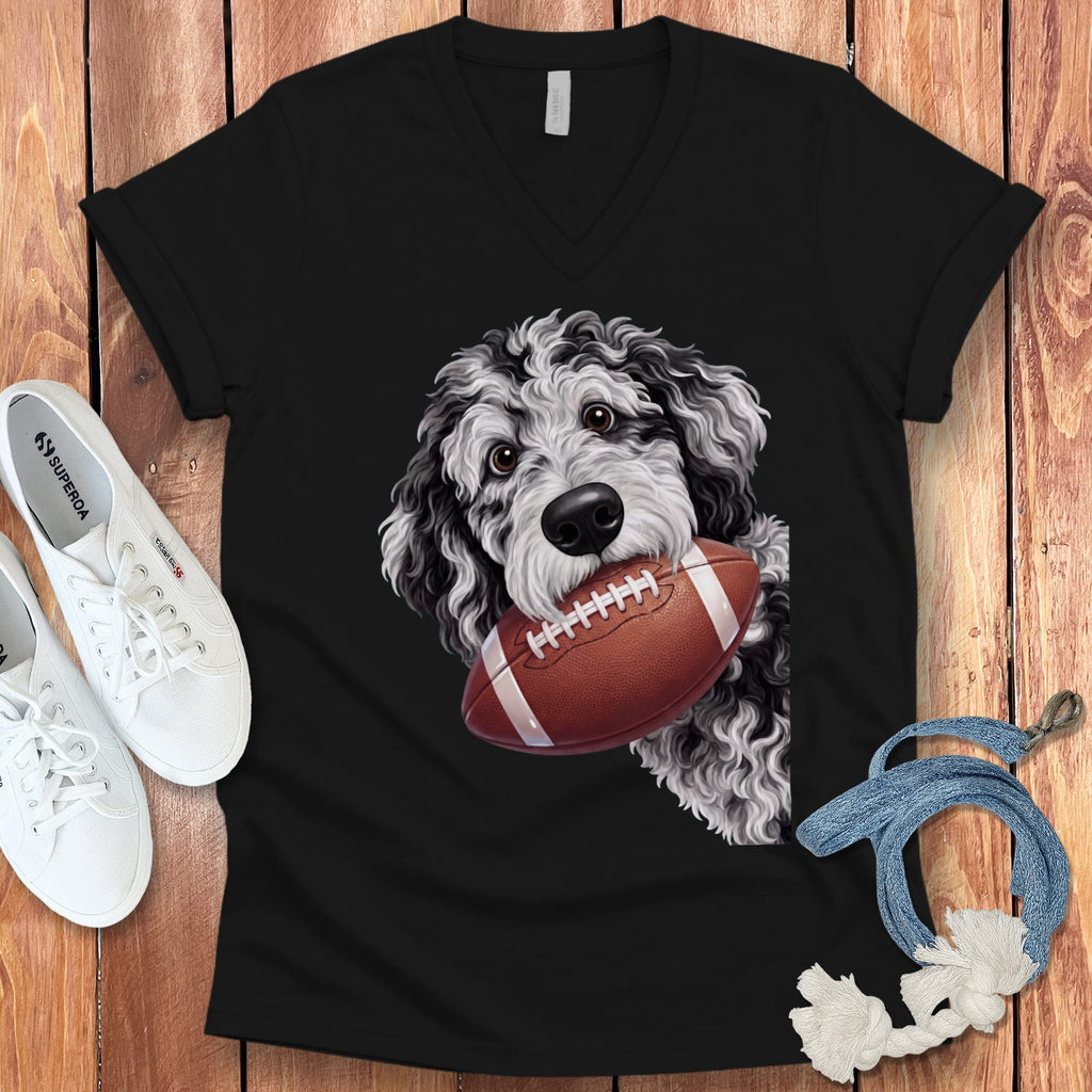Merle Goldendoodle Football V-Neck T-Shirt in Black / S by Puppy Jo