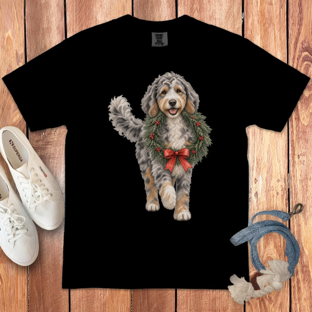 Aussiedoodle Wreath Signature T-Shirt in Black / S by Puppy Jo