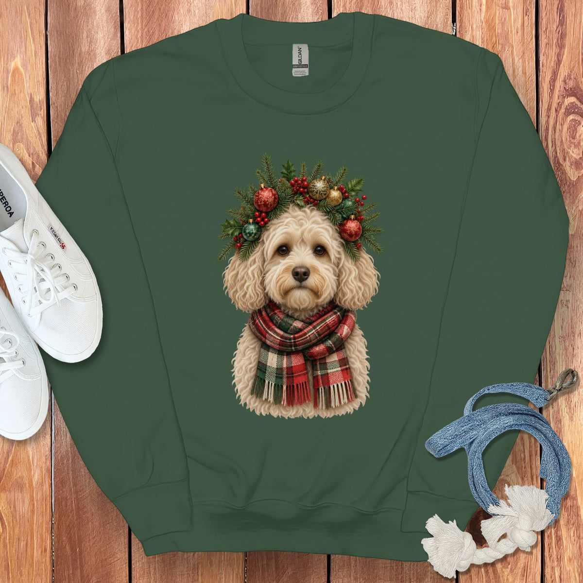 Maltipoo Holiday Crown Sweatshirt in Forest Green / S by Puppy Jo