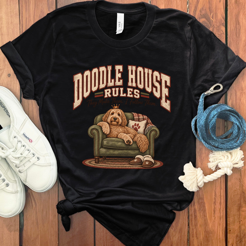 Black t-shirt with "Doodle House Rules" and a dog on a chair graphic.