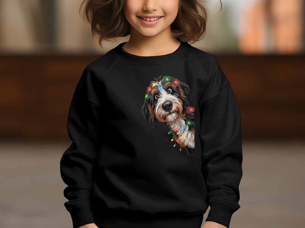 Black sweatshirt with a Bernese Mountain Dog puppy peeking out, adorned with colorful Christmas lights.
