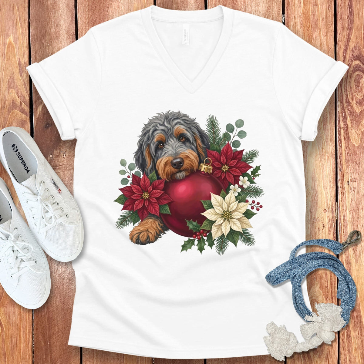 Phantom Goldendoodle Holiday Cheer V-Neck T-Shirt in White / S by Puppy Jo