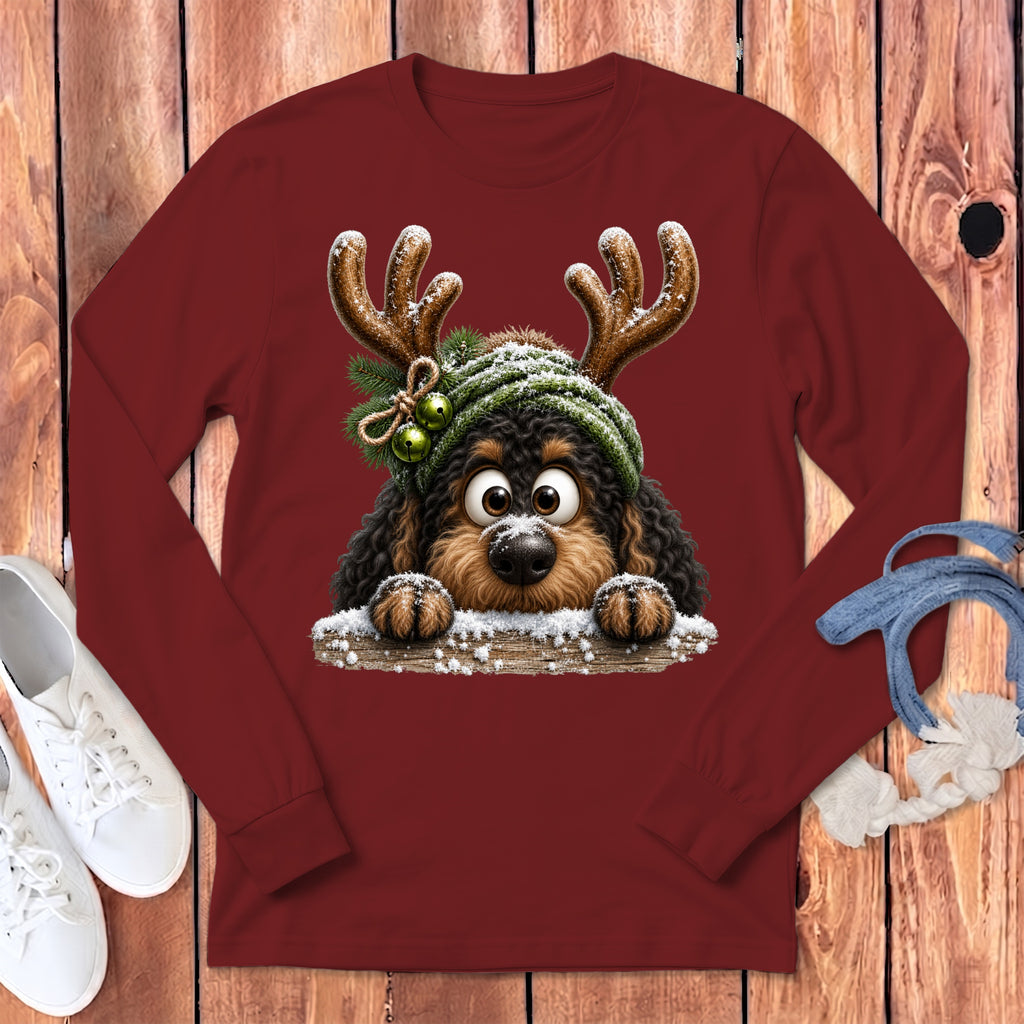 Maroon long-sleeve shirt with a cute dog wearing antlers and a green hat.