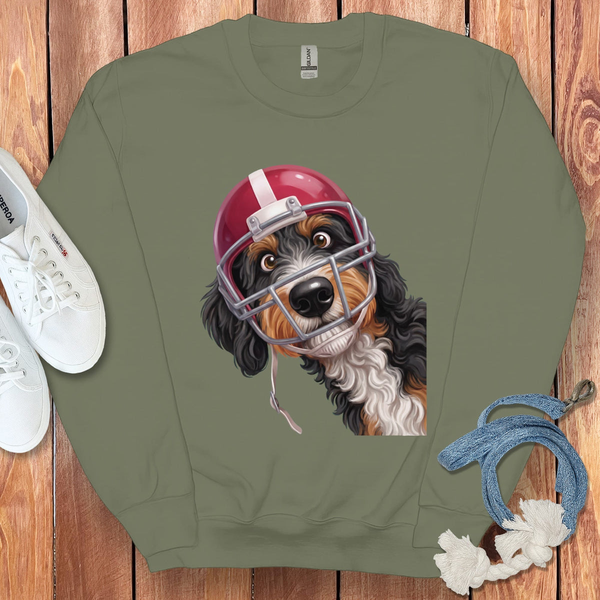 Bernedoodle Football Helmet Sweatshirt in Military Green / S by Puppy Jo