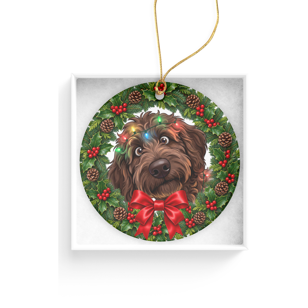 Peeking Chocolate Goldendoodle Holiday Ornament