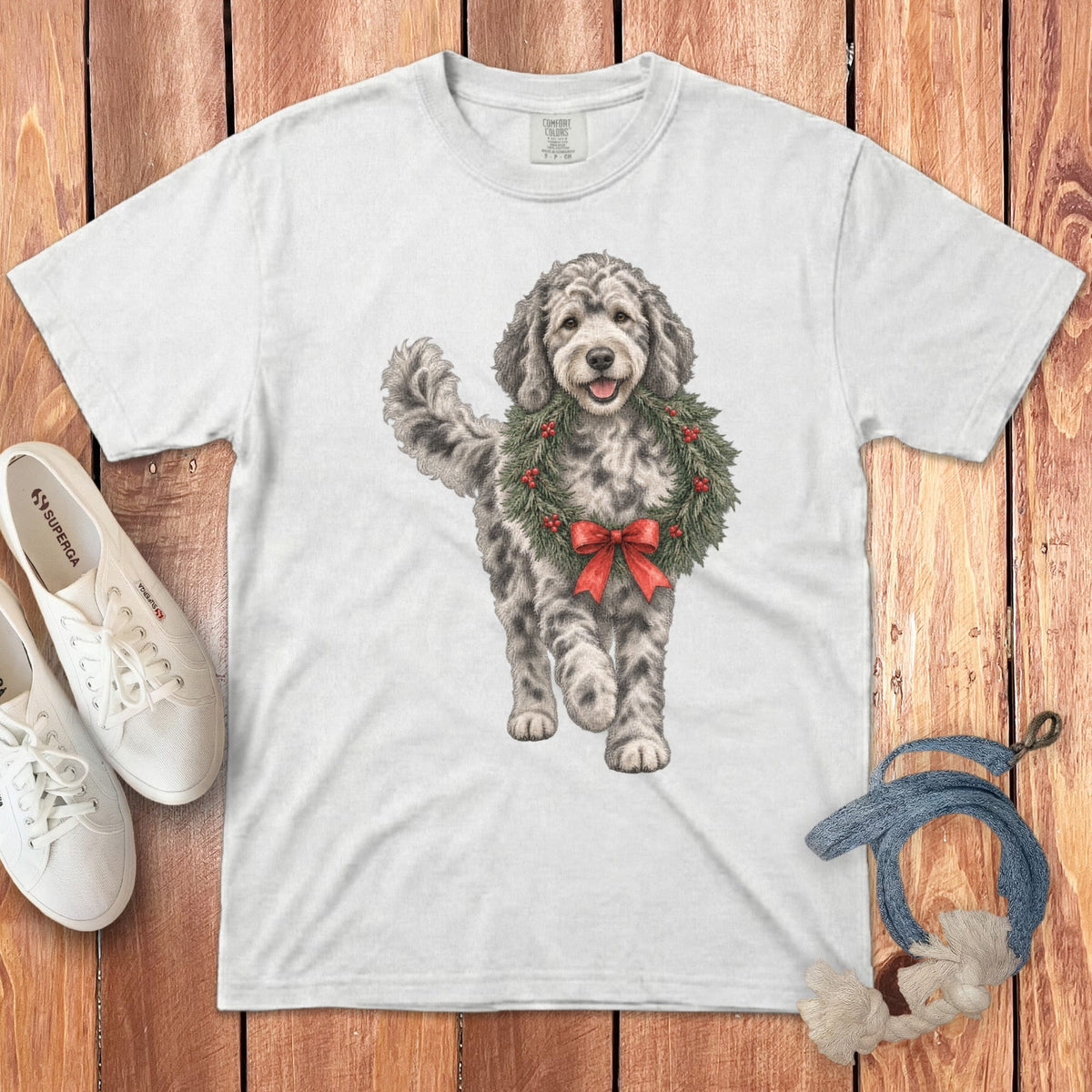 Merle Goldendoodle Wreath Signature T-Shirt in White / S by Puppy Jo