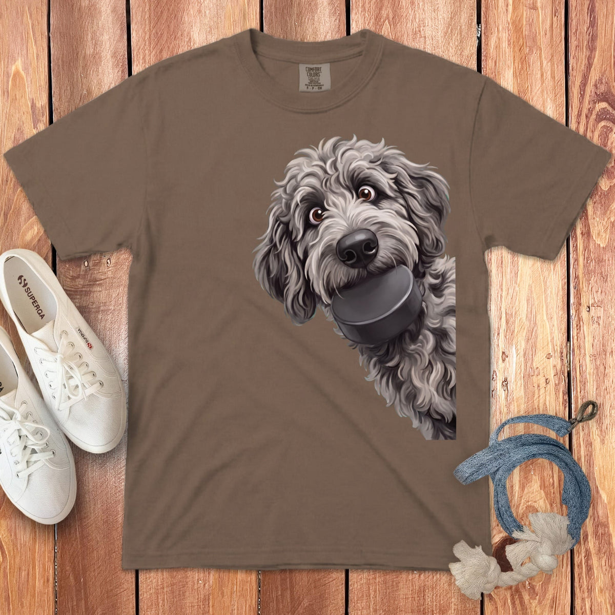 Merle Goldendoodle Hockey Puck Signature T-Shirt in Espresso / S by Puppy Jo