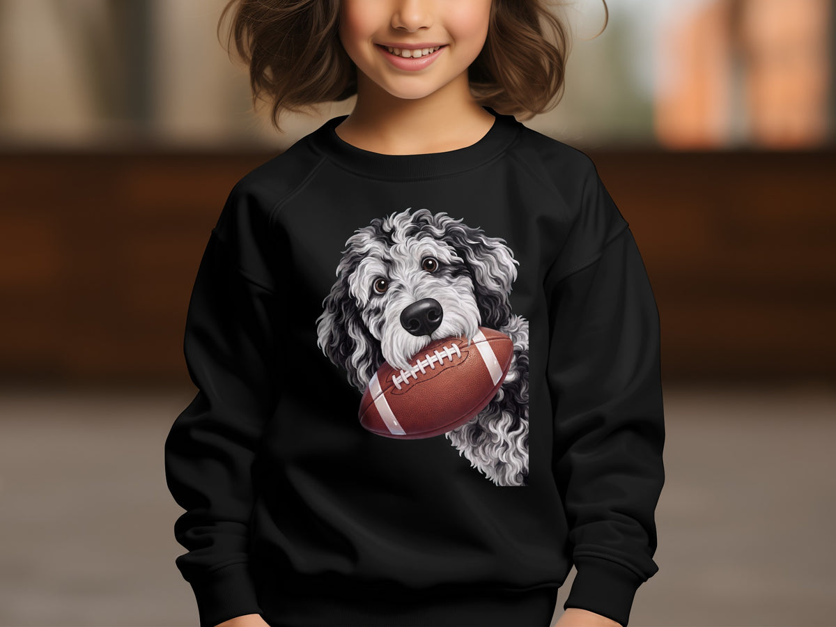 Black sweatshirt with a doodle dog holding a football graphic.