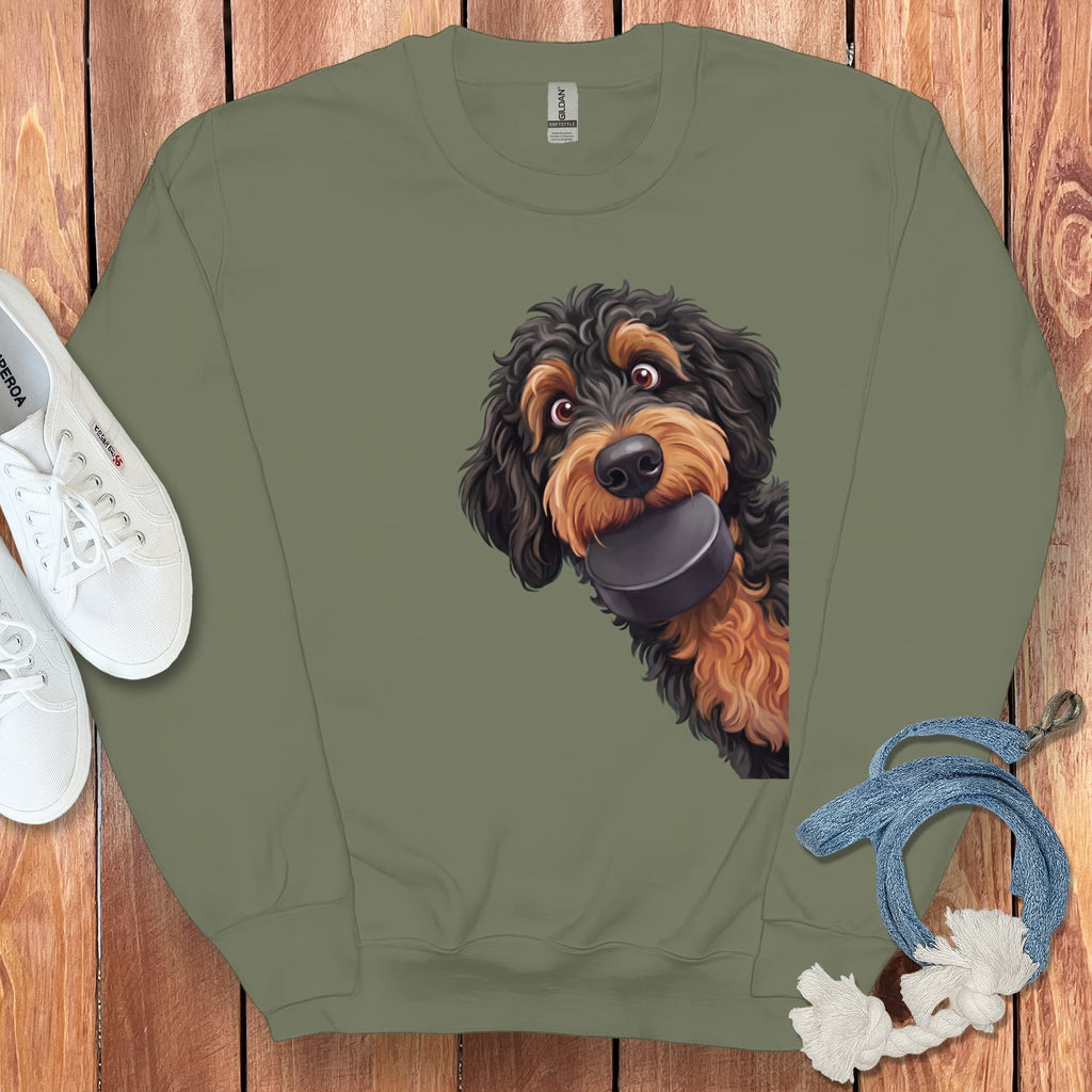 Phantom Goldendoodle Hockey Puck Sweatshirt in Military Green / S by Puppy Jo