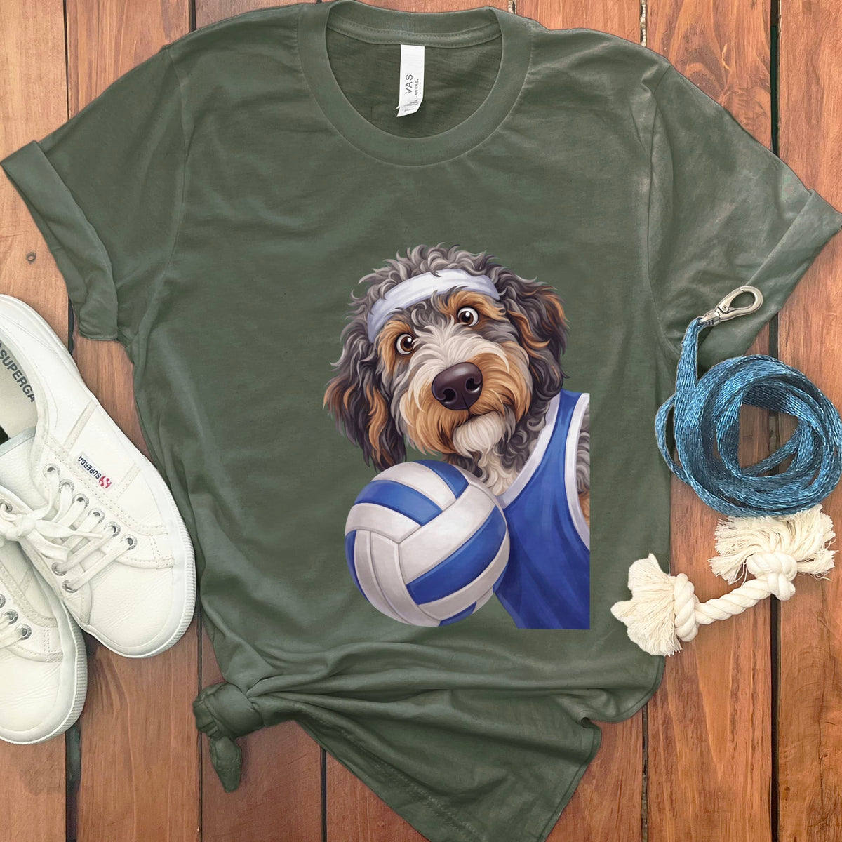 Aussiedoodle Volleyball Player T-Shirt in Military Green / S by Puppy Jo
