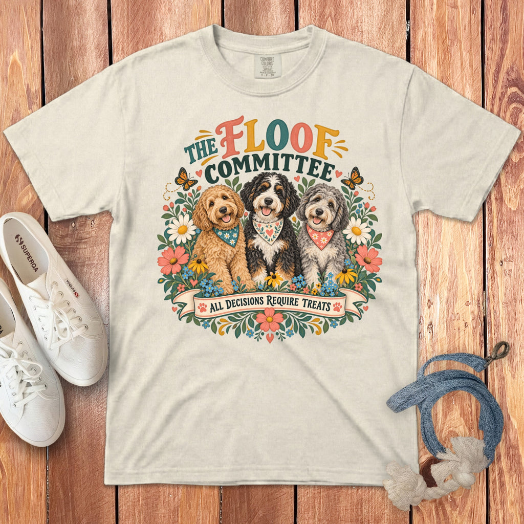 "The Floof Committee" t-shirt features three dogs and the text "All Decisions Require Treats."