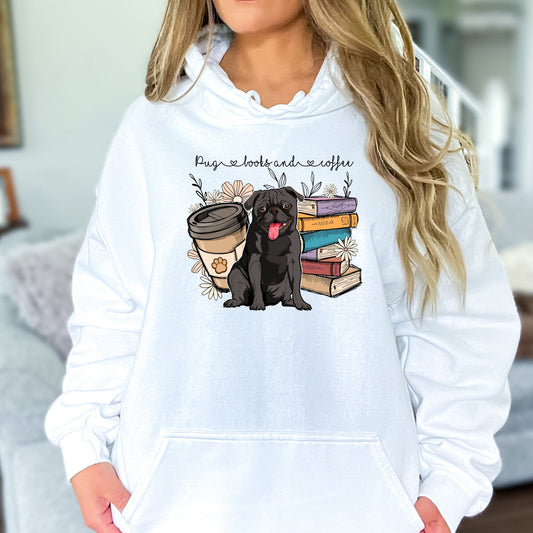 Pugs Books and Coffee Hoodie Sweatshirt - PuppyJo Hoodie