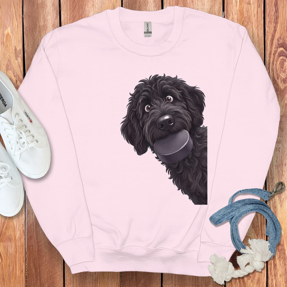 Black Goldendoodle Hockey Puck Sweatshirt in Light Pink / S by Puppy Jo