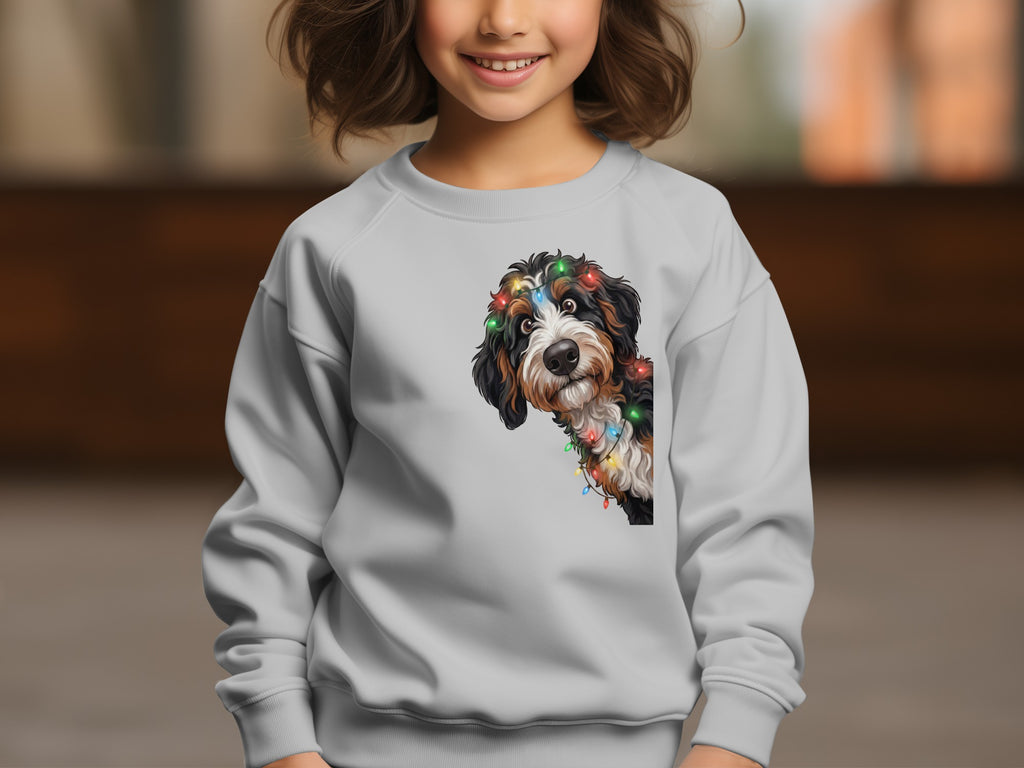 Bernese Mountain Dog wearing Christmas lights graphic on a gray sweatshirt.