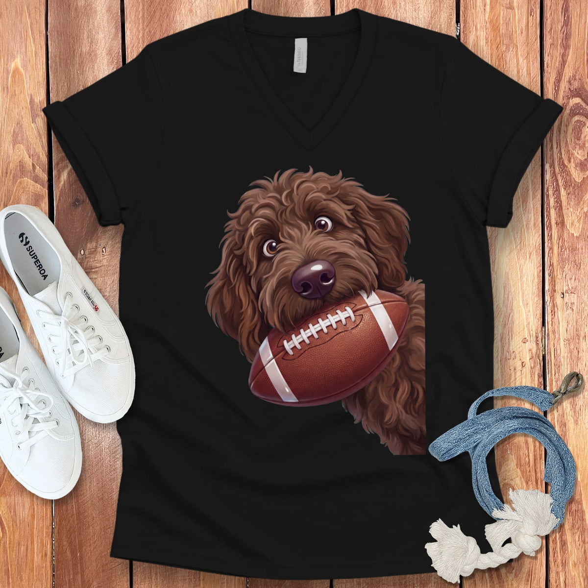 Chocolate Goldendoodle Football V-Neck T-Shirt in Black / S by Puppy Jo