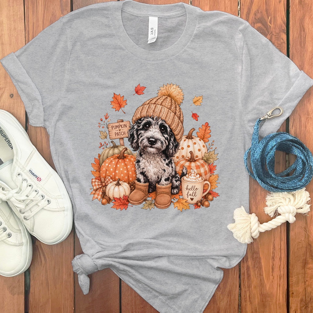 Merle Goldendoodle Pumpkin Patch T-Shirt in Athletic Heather / S by Puppy Jo