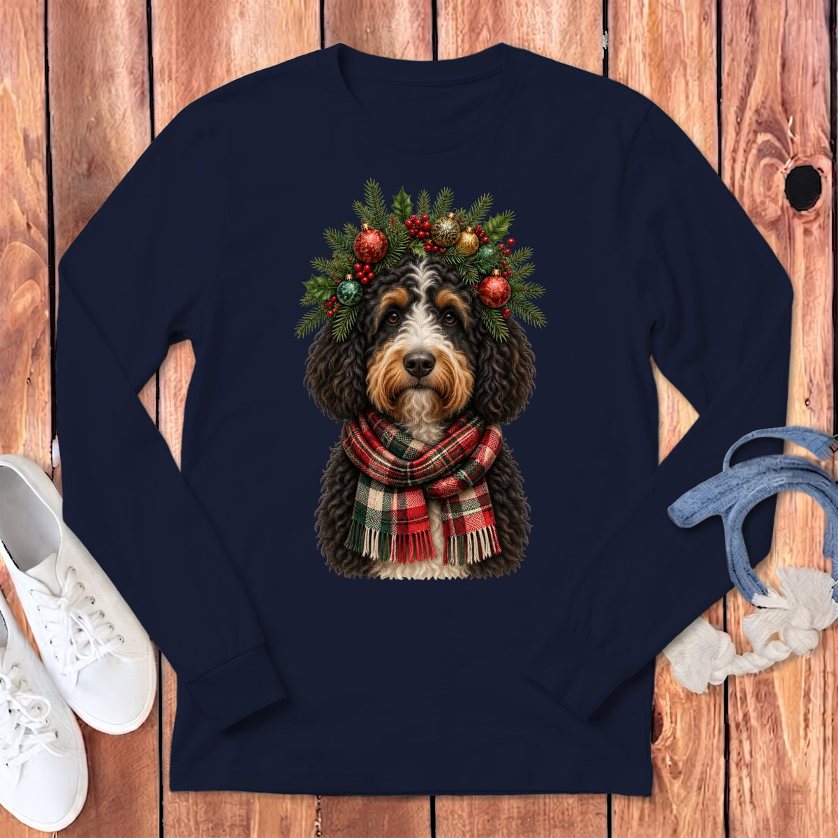 Bernedoodle Holiday Crown Long Sleeve T-Shirt in Navy / S by MyDesigns