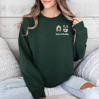 Hand-Drawn Personalized Pet Portrait Sweatshirt - Multiple Pets - PuppyJo Sweatshirt S / Forest Green