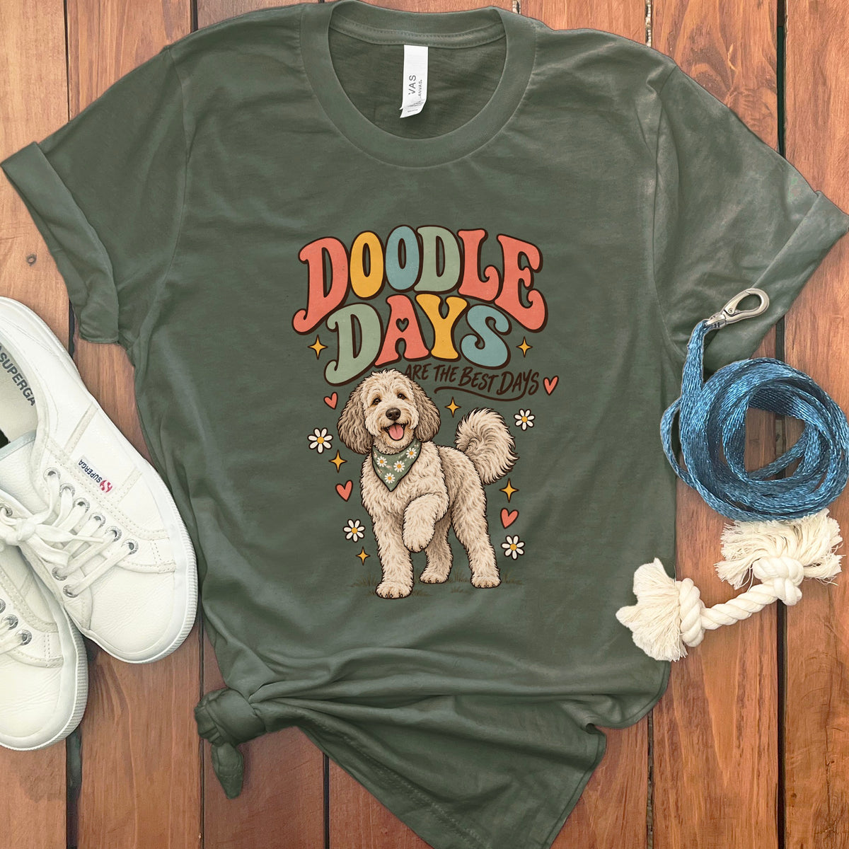 Green t-shirt with "Doodle Days Are The Best Days" text and a doodle dog graphic.