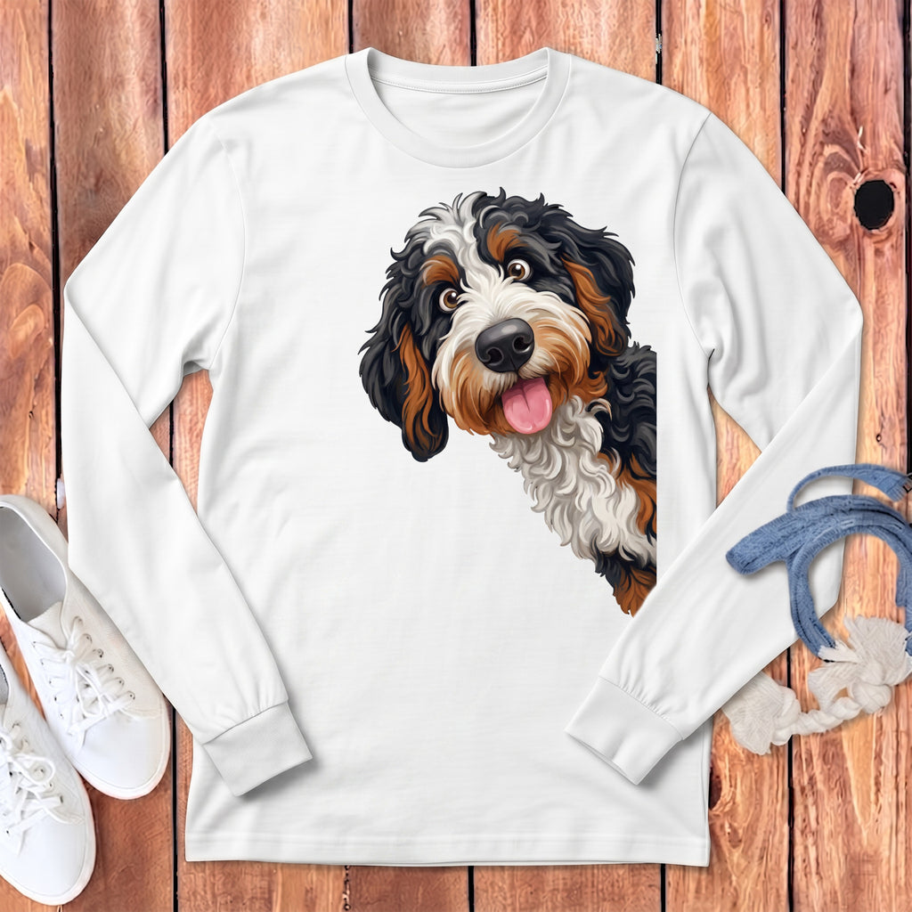 White long sleeve shirt with a Bernese Mountain Dog illustration peeking from the side.