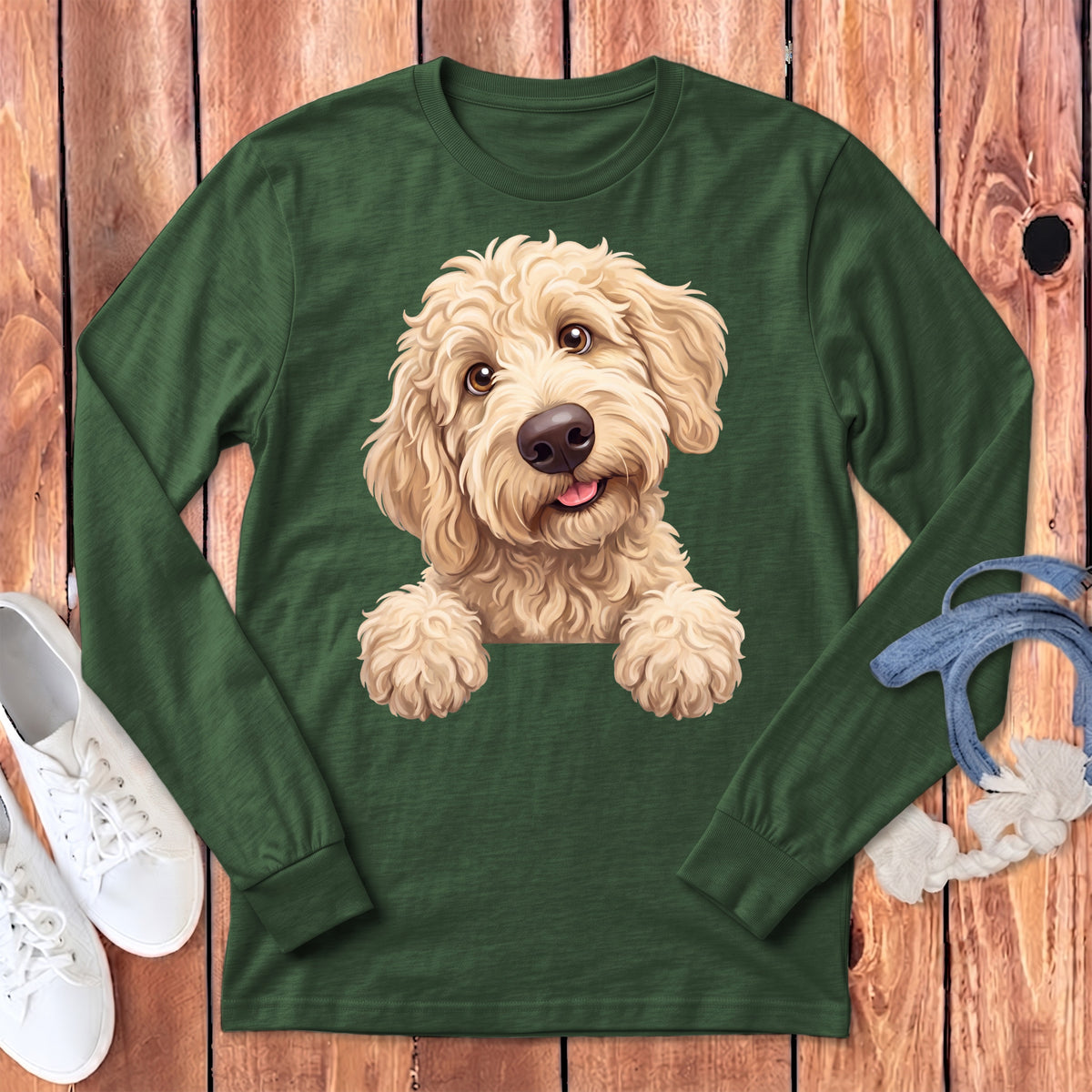 Green long-sleeved shirt with a goldendoodle dog graphic on the chest.
