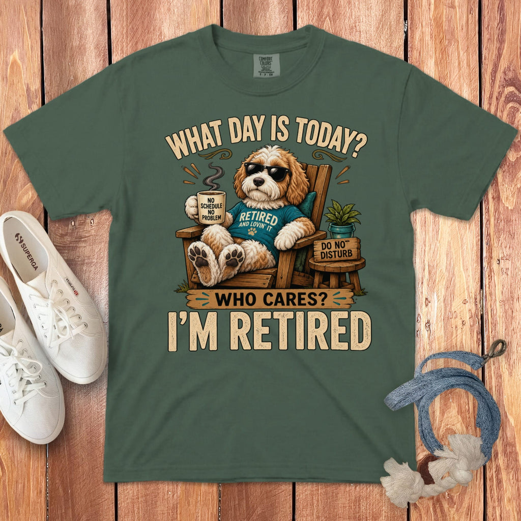 I'm Retired Parti Goldendoodle Signature T-Shirt in Blue Spruce / S by Puppy Jo