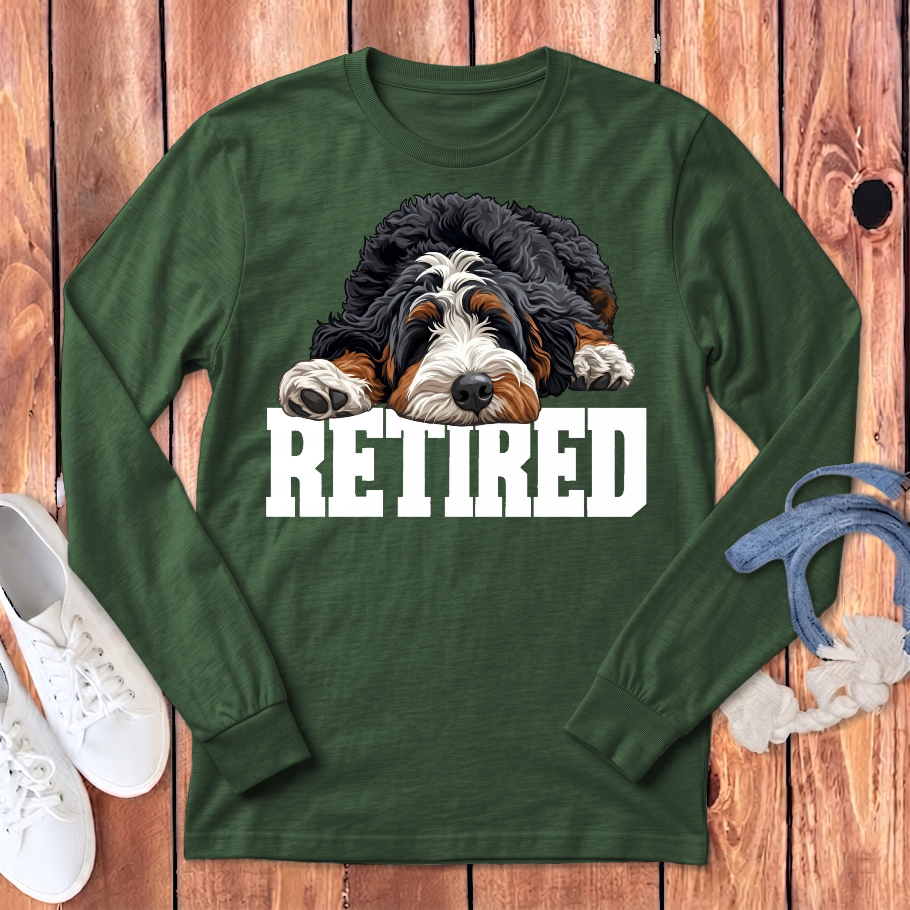 Retired Sleeping Bernedoodle Long Sleeve T-Shirt in Heather Forest / S by Puppy Jo