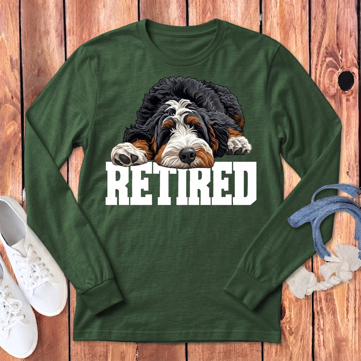 Retired Sleeping Bernedoodle Long Sleeve T-Shirt in Heather Forest / S by Puppy Jo