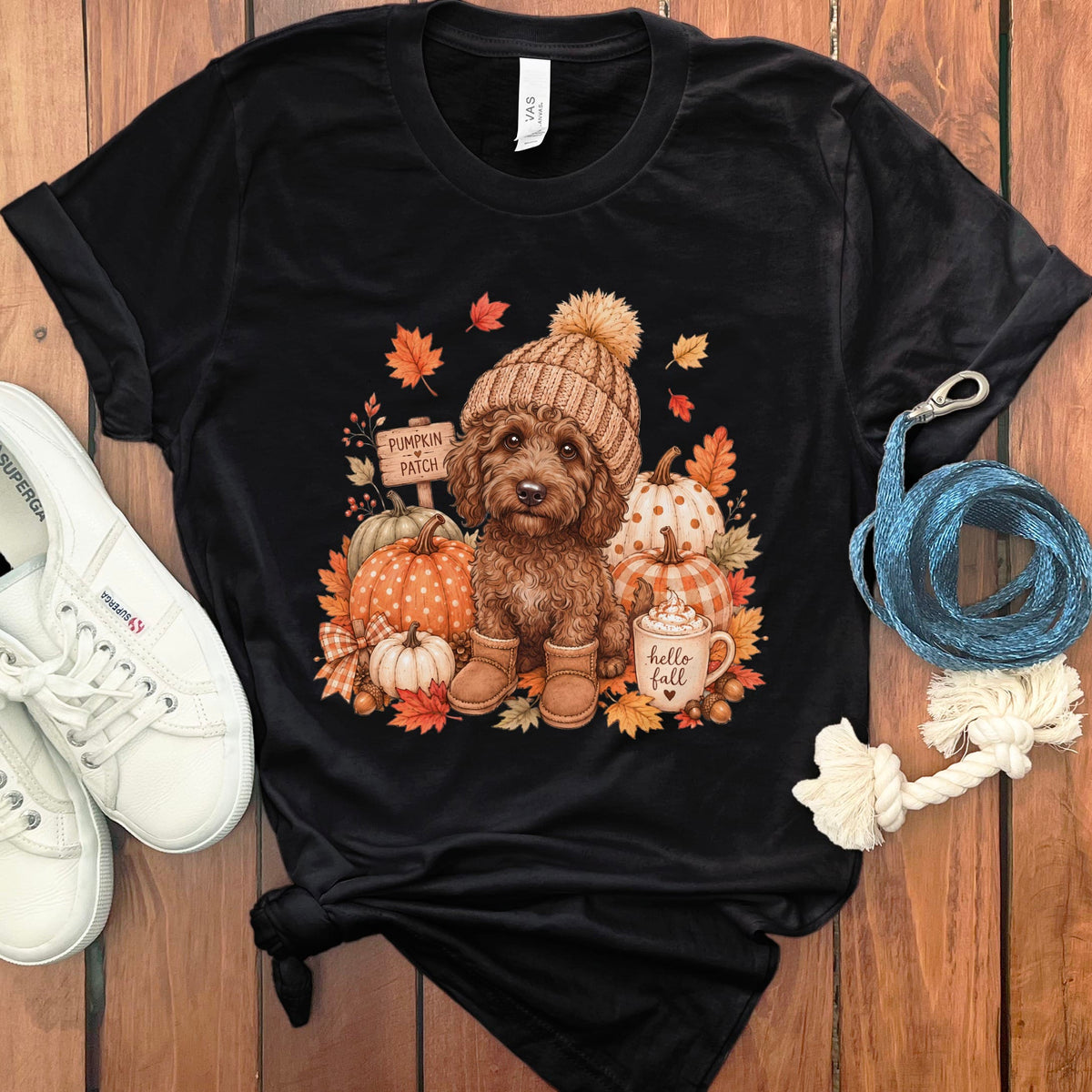 Chocolate Goldendoodle Pumpkin Patch T-Shirt in Black / S by Puppy Jo