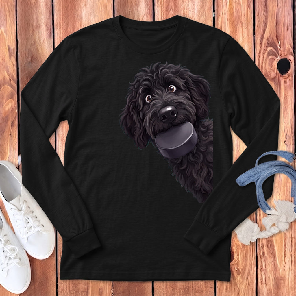 Black Goldendoodle Hockey Puck Long Sleeve T-Shirt in Dark Grey Heather / S by Puppy Jo