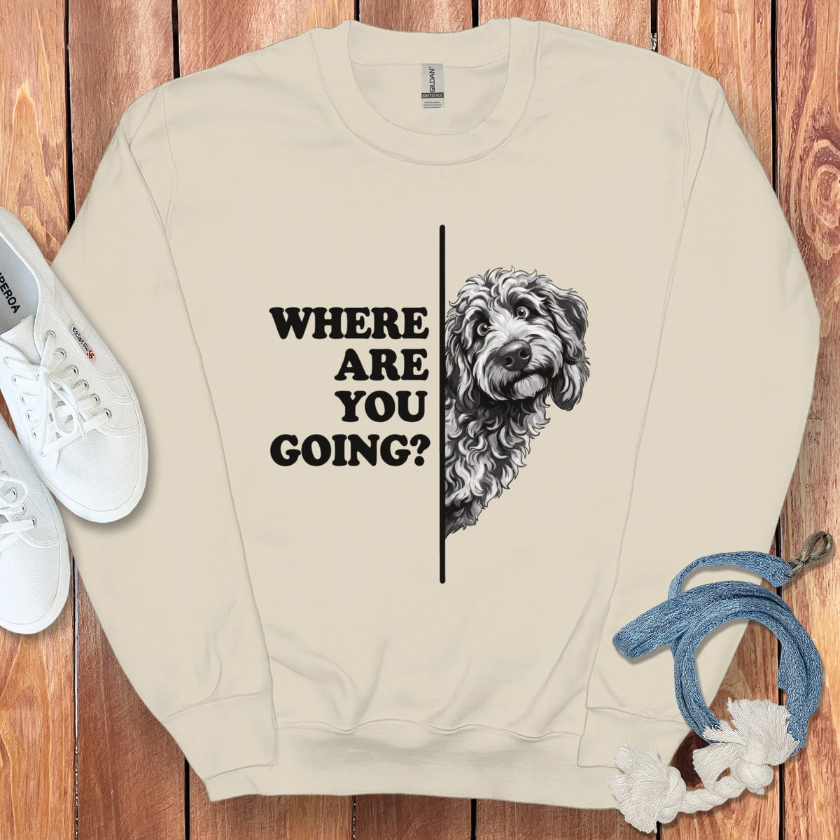 Where Going Merle Goldendoodle Sweatshirt in Sand / S by Puppy Jo