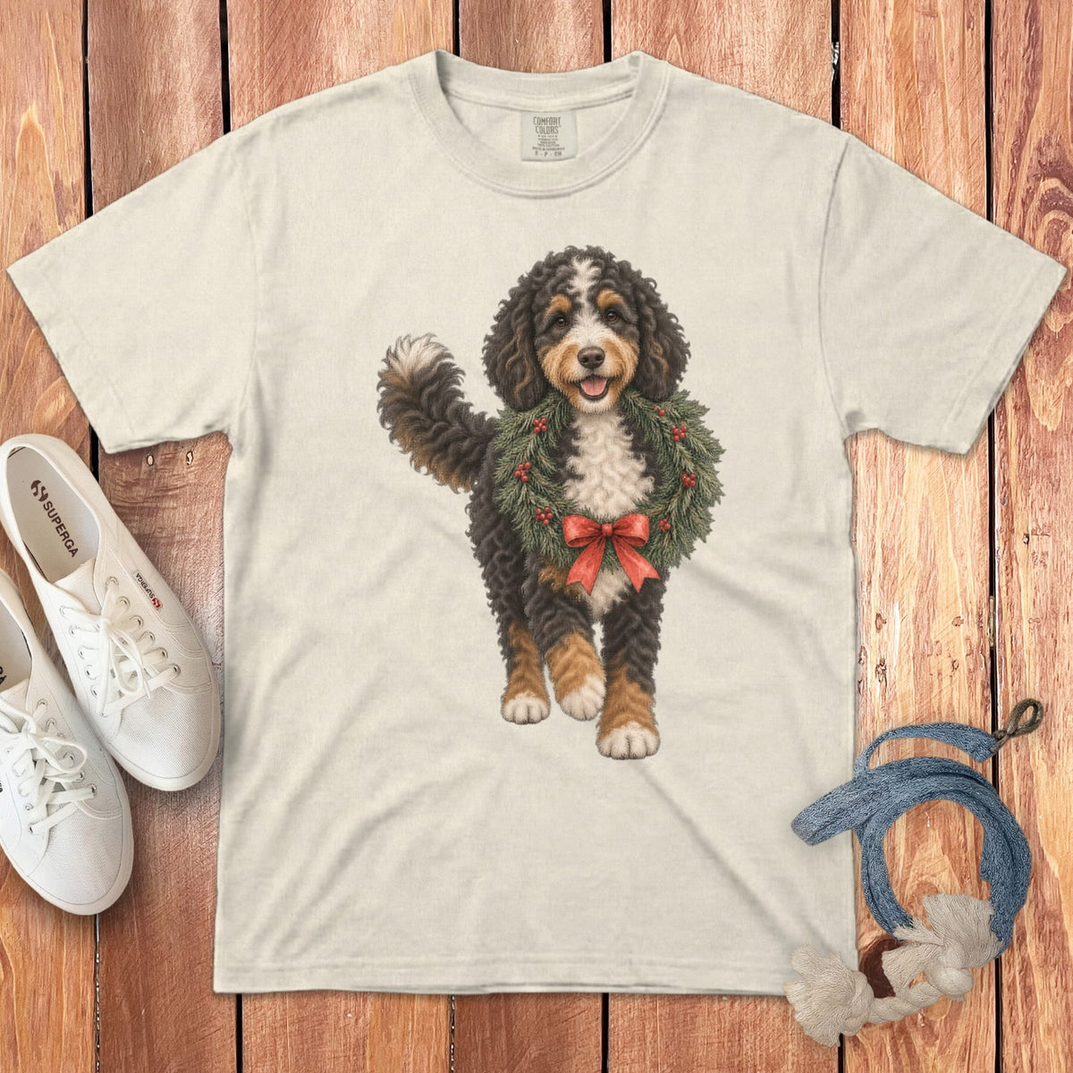 Bernedoodle Wreath Signature T-Shirt in Ivory / S by Puppy Jo