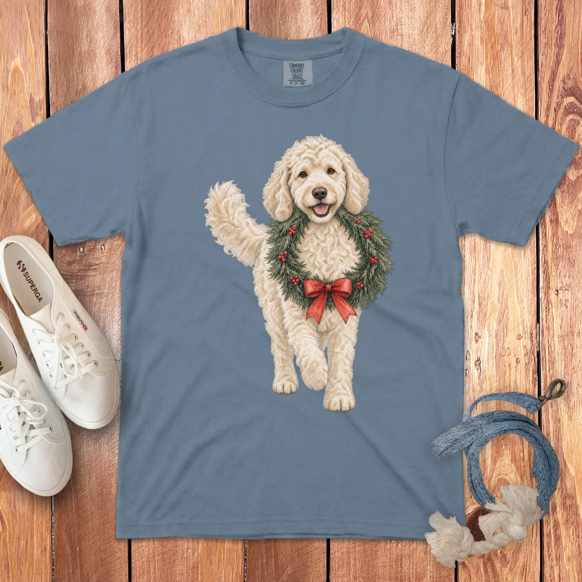 Cream Goldendoodle Wreath Signature T-Shirt in Blue Jean / S by Puppy Jo